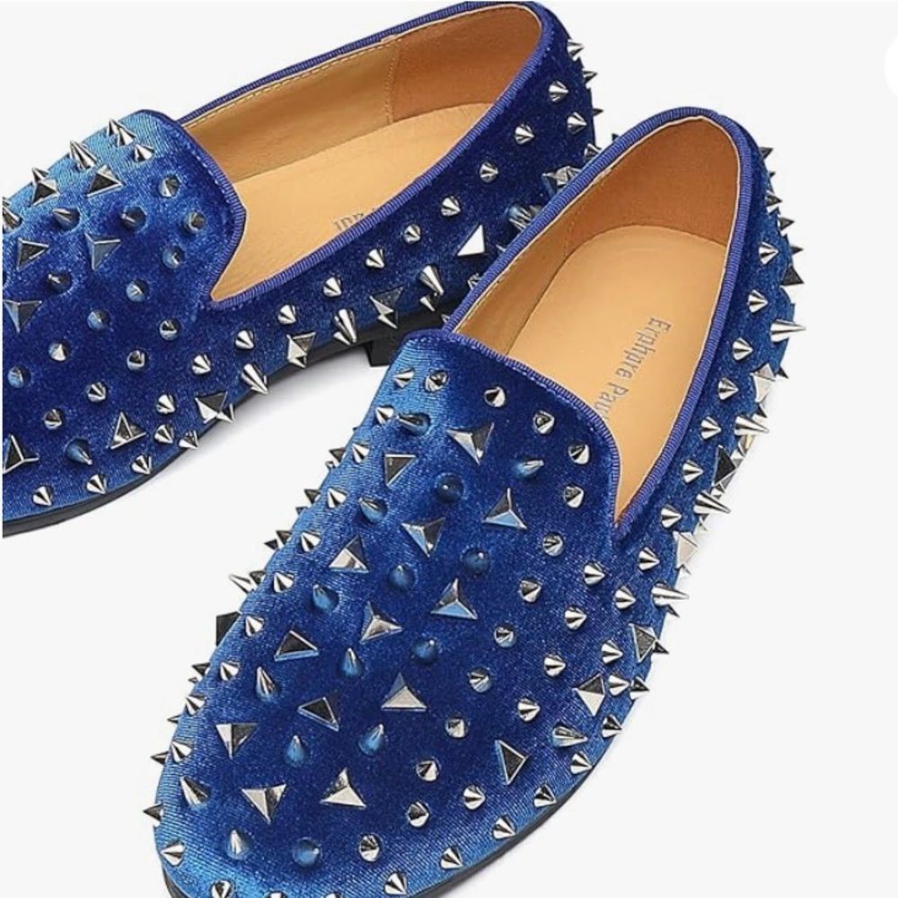 Erphpre Paul Men's Studded Loafers Spikes Rivets Luxury Shoes 9.5 Velvet Blue